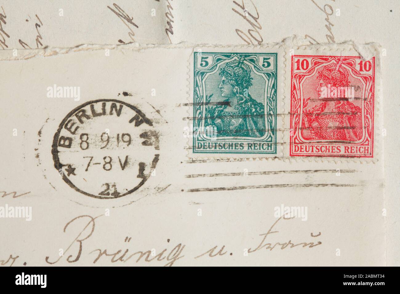 Canceled stamps Germania on an envelope, German Reich Stock Photo