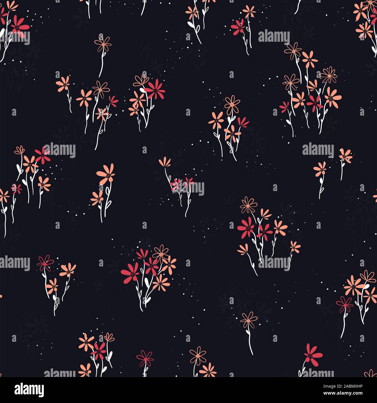 Hand drawn ditsy flower field seamless pattern, cute floral background ...