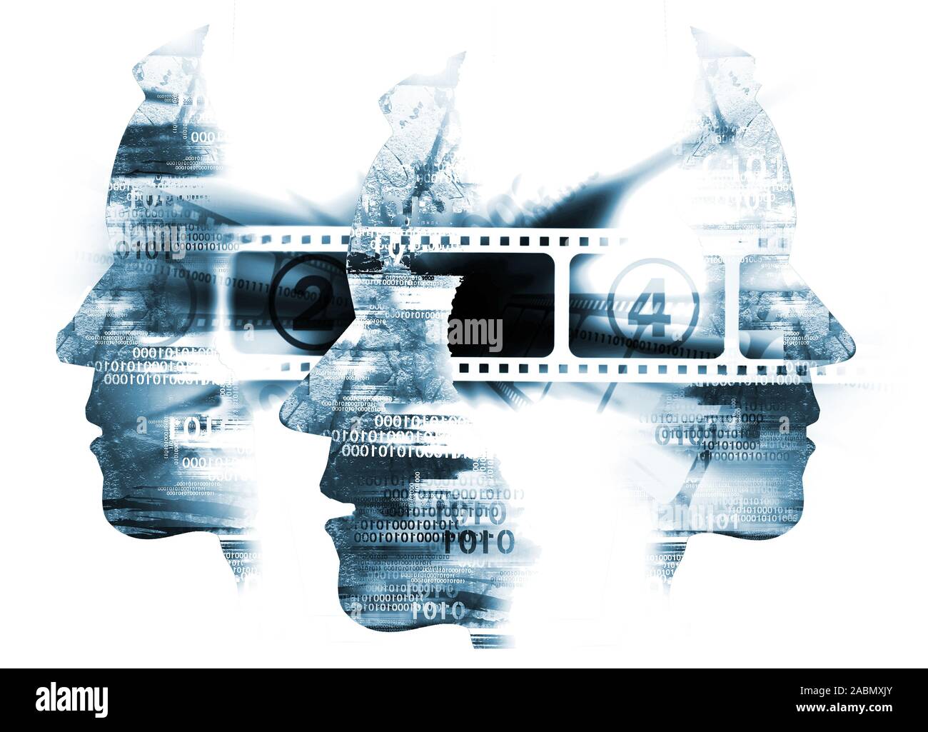 Film viewer, Cinema film background. Cinema background with three  stylized male head silhouetes with binary codes and camera film. Stock Photo