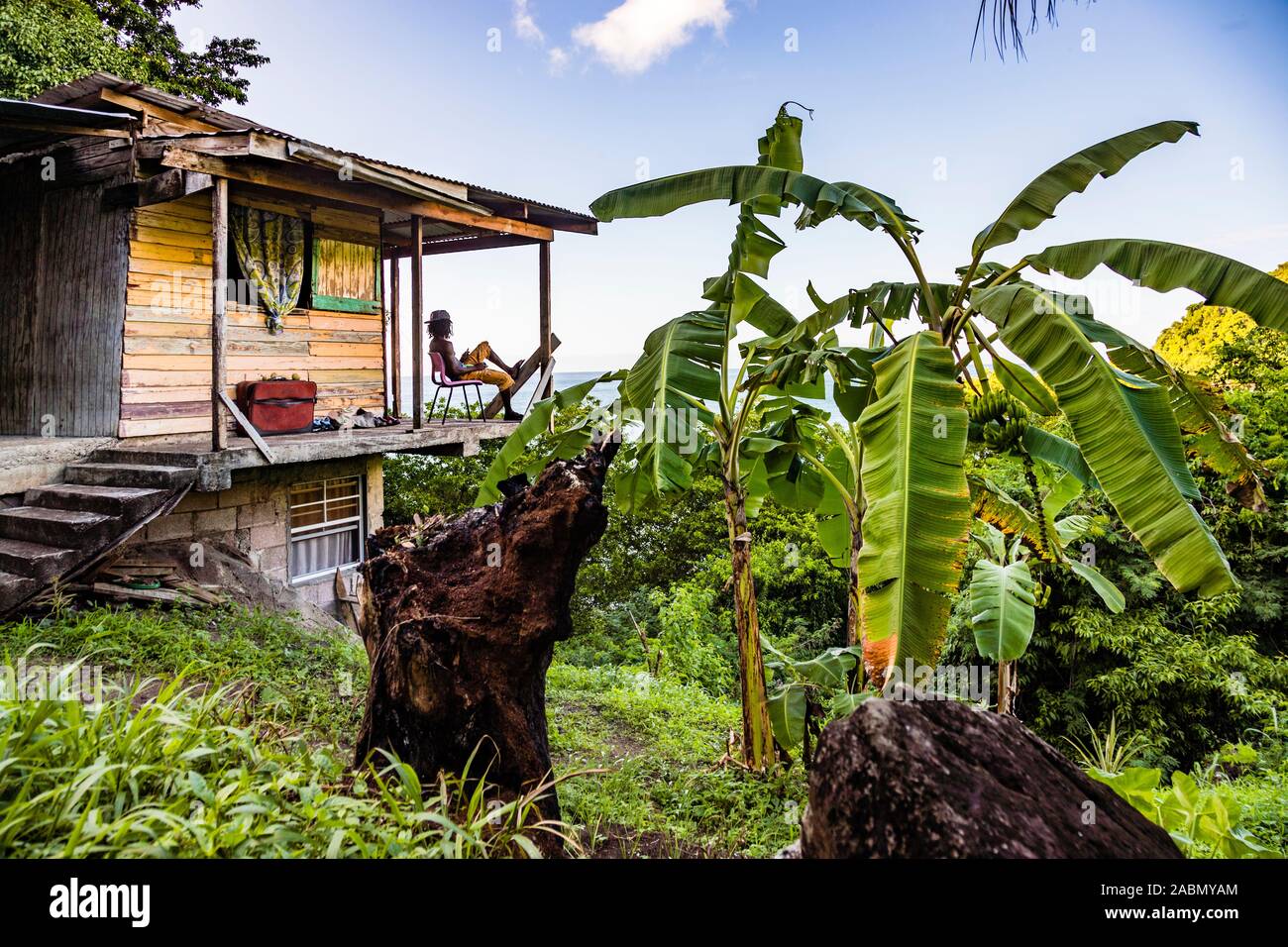 Chilling in Happy Hill, Grenada. The Grenada Hash is also appealing because you don't have to be local to experience the unspoiled daily life away from the cities Stock Photo