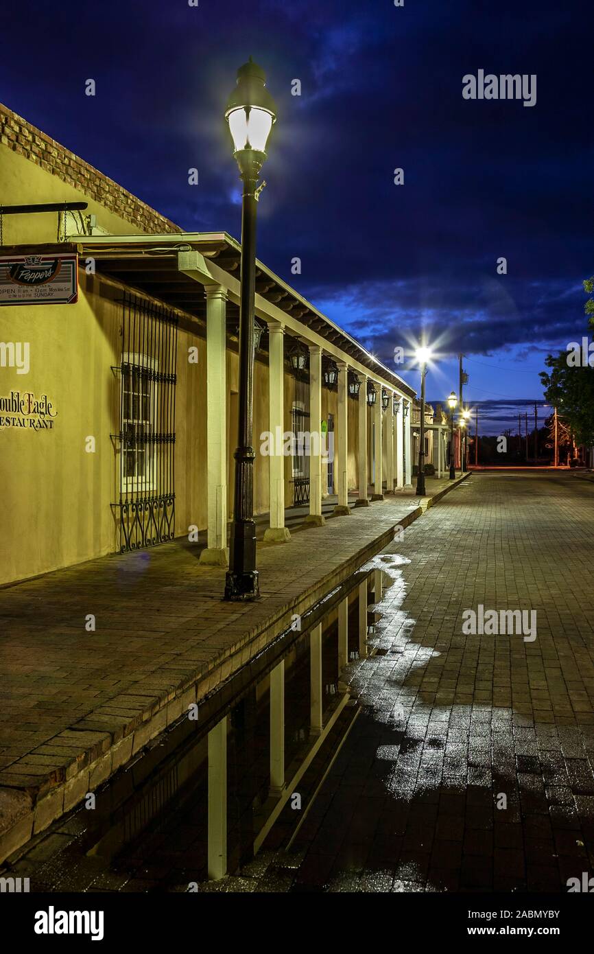 Portal and store fronts at twilight, Old Mesilla, near Las Cruces, New Mexico USA Stock Photo