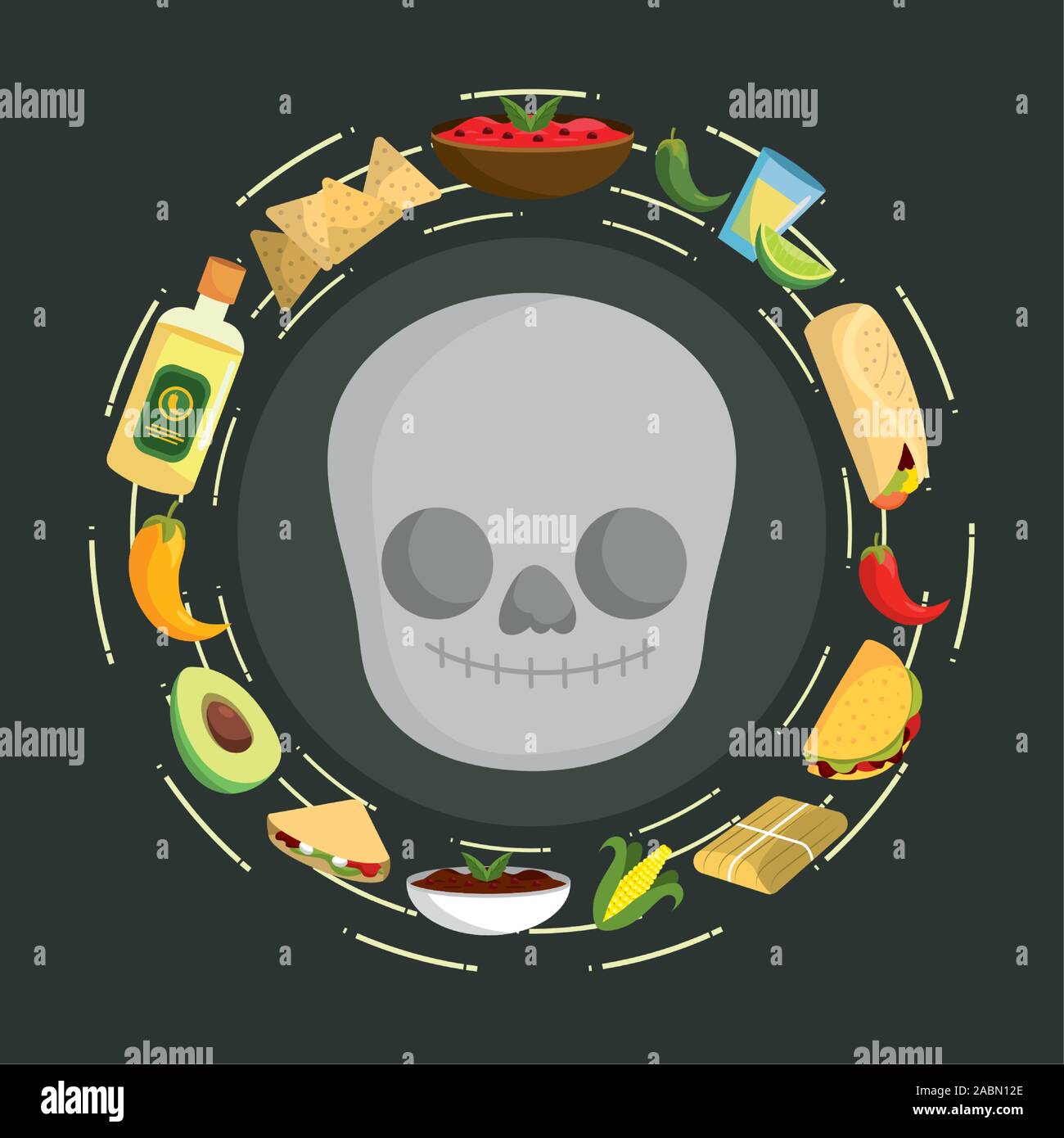 mexican skull taco tequila avocado burrito food traditional vector ...