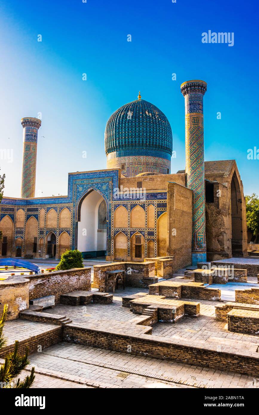 Gur-e-Amir or Guri Amir (Tomb of the King), a mausoleum of the Asian conqueror Timur in Samarkand, Uzbekistan. Stock Photo