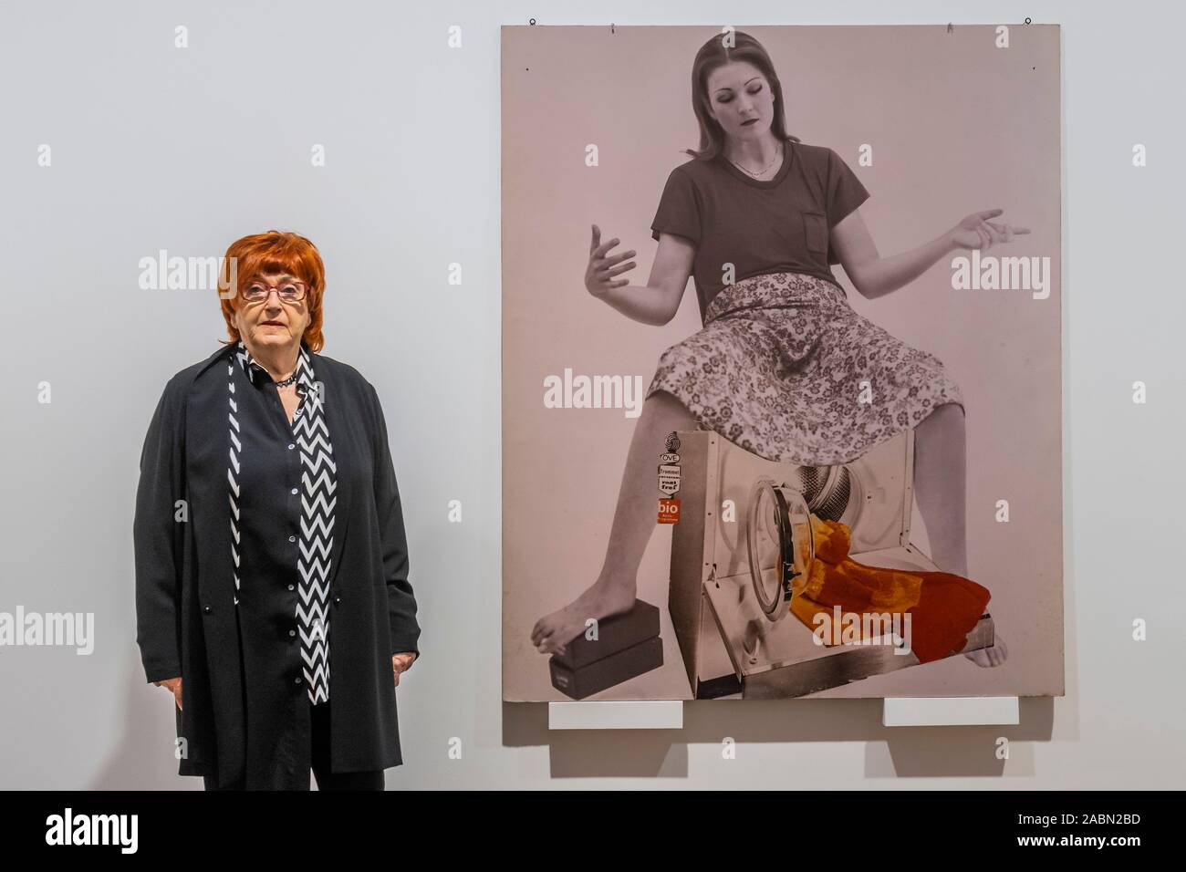 London, UK. 28th Nov, 2019. Valie Export with Die Geburtenmadonna, 19726- The First Show at Galerie Thaddaeus Ropac London of artist Valie Export, an Icon of International Feminist and New Media Art. Galerie Thaddaeus Ropac hosts separate shows by two artists simultaneously. Credit: Guy Bell/Alamy Live News Stock Photo