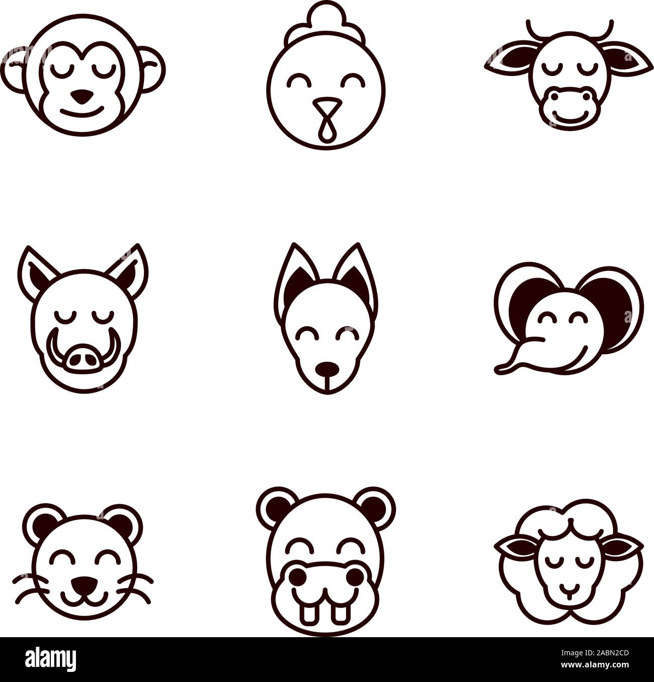 cute face animals cartoon icon on white background thick line Stock ...