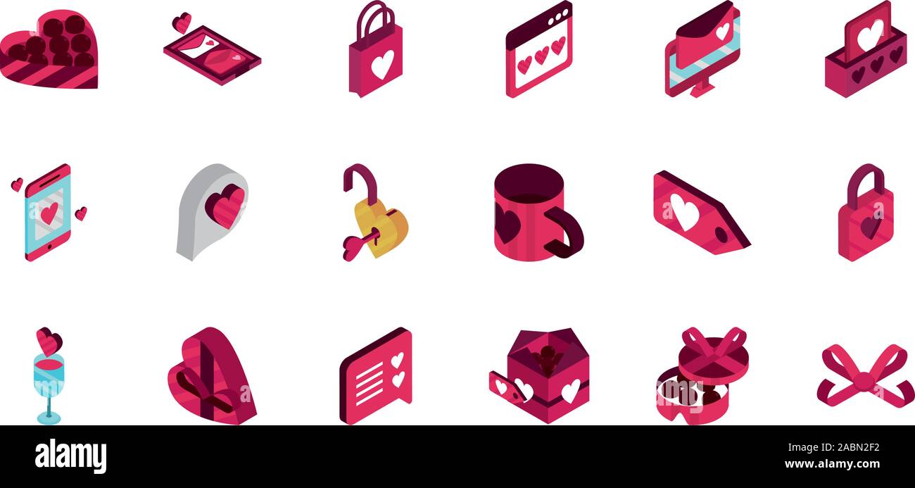 happy valentines day romantic isometric icons collection vector ...