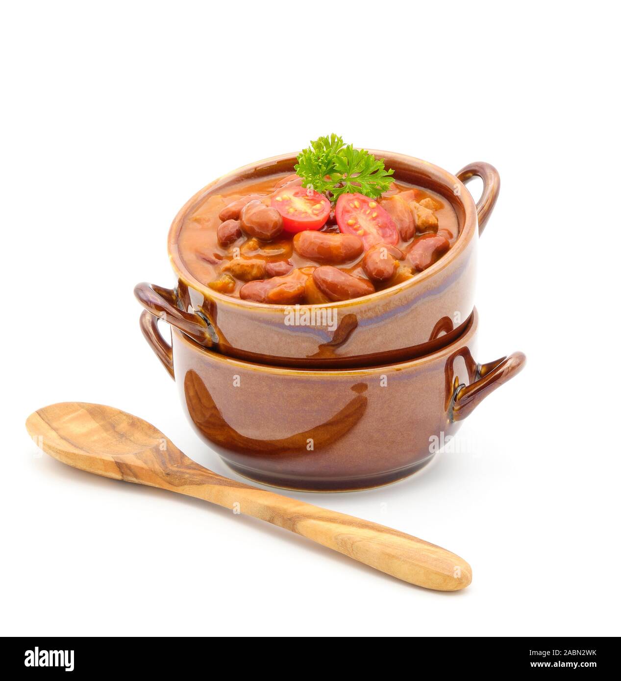 Bowl of delicious homemade chile photographed on a white background with copy space. Stock Photo
