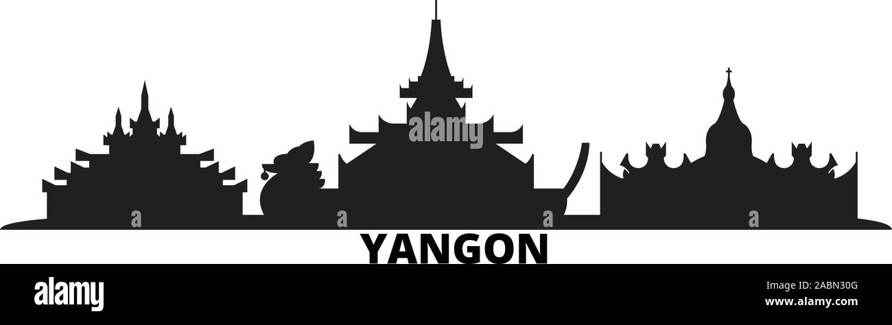 Myanmar, Yangon city skyline isolated vector illustration. Myanmar, Yangon travel cityscape with landmarks Stock Vector