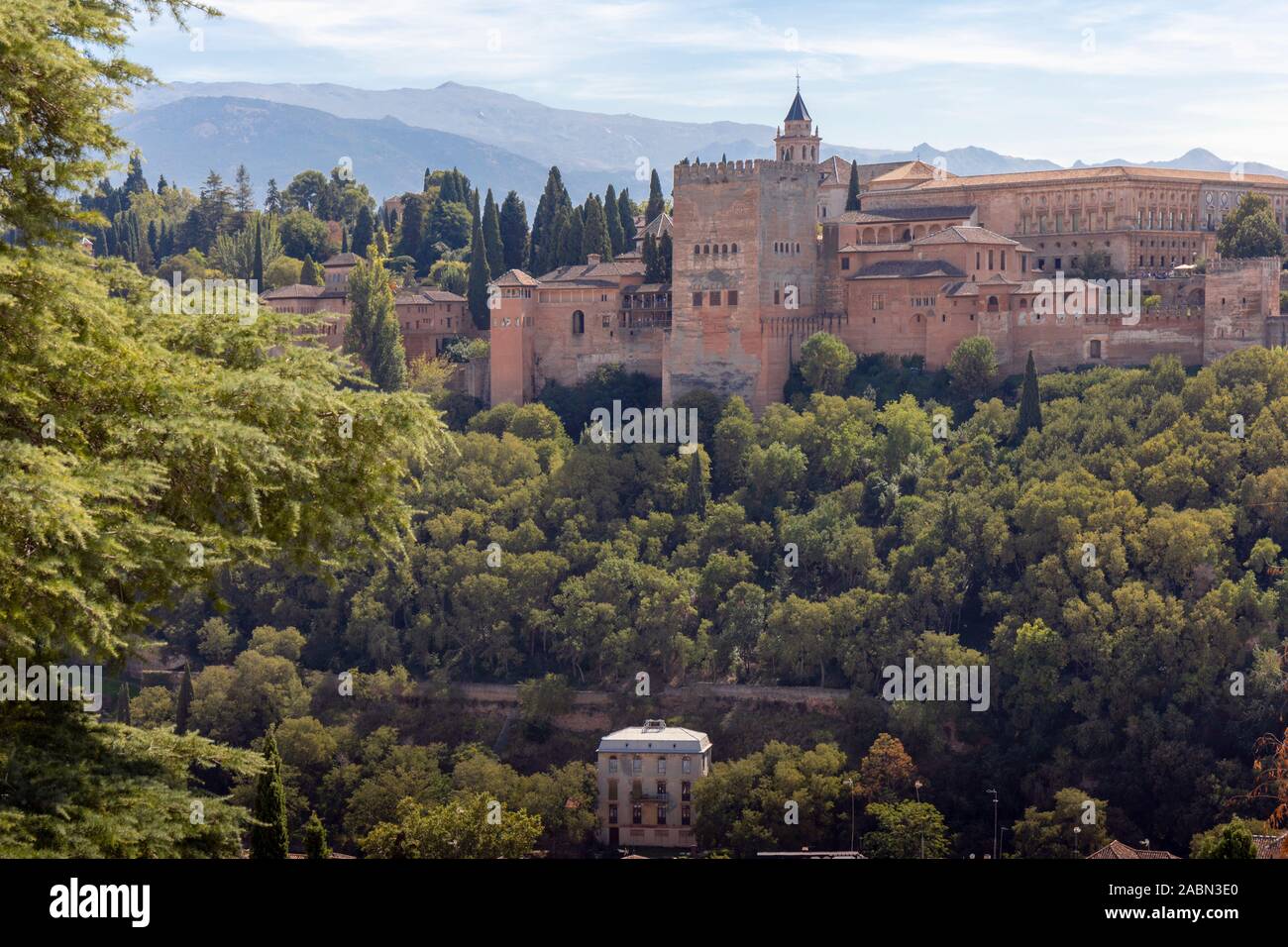 The Alhambra palace seen from the Albaicin, Granada, Granada Province, Andalusia, southern Spain. Stock Photo