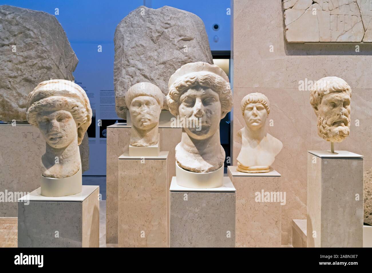 Collection of marble heads, dating from the first and second centuries AD of the Roman era. Exhibited in the Malaga Museum in the Palacio de la Aduana Stock Photo