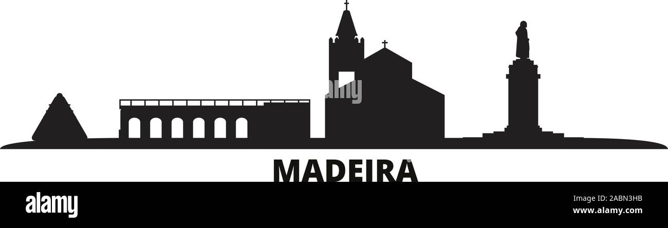 Portugal, Madeira city skyline isolated vector illustration. Portugal, Madeira travel cityscape with landmarks Stock Vector