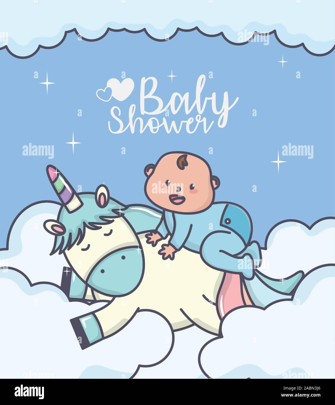 baby shower little boy on cute unicorn clouds vector illustration Stock ...