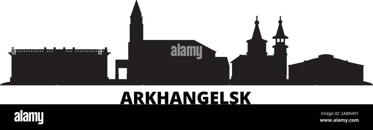 Russia, Arkhangelsk city skyline isolated vector illustration. Russia, Arkhangelsk travel cityscape with landmarks Stock Vector