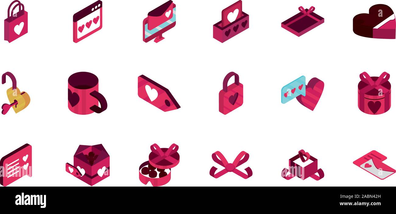happy valentines day romantic isometric icons collection vector ...