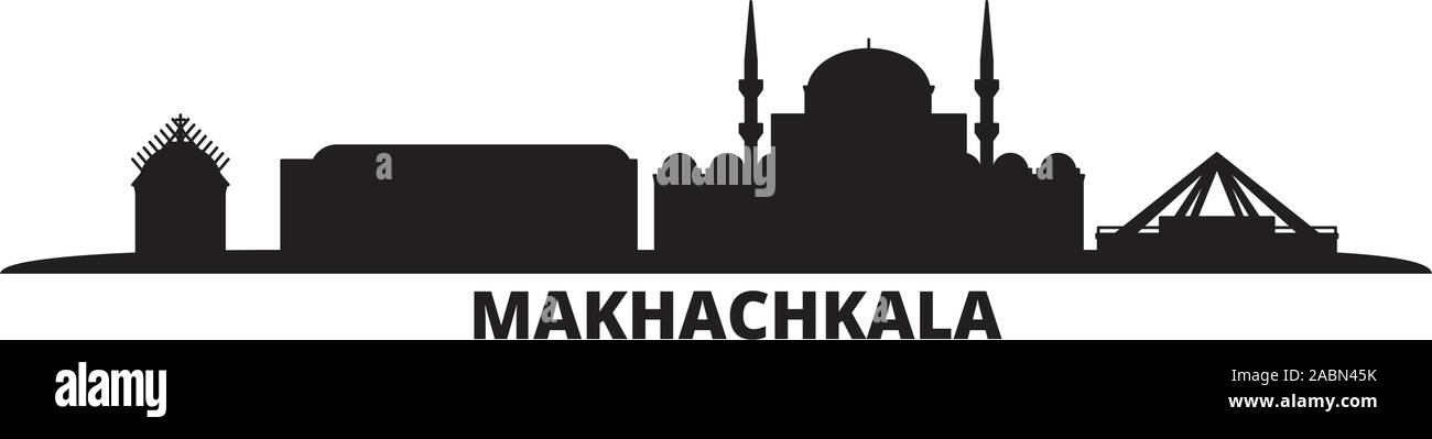 Russia, Makhachkala city skyline isolated vector illustration. Russia, Makhachkala travel black cityscape Stock Vector