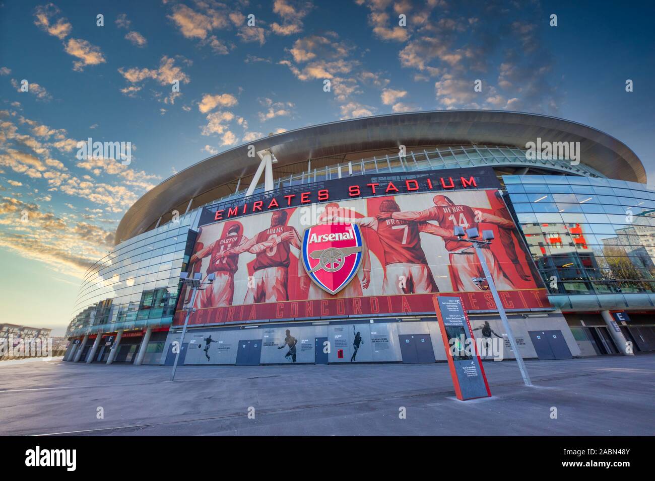 LONDON/ENGLAND - 01 February, 2018 :  Visiting In front of the Emirates Stadium in London, UK showing the Arsenal armoury or Arsenal shop and ticket s Stock Photo