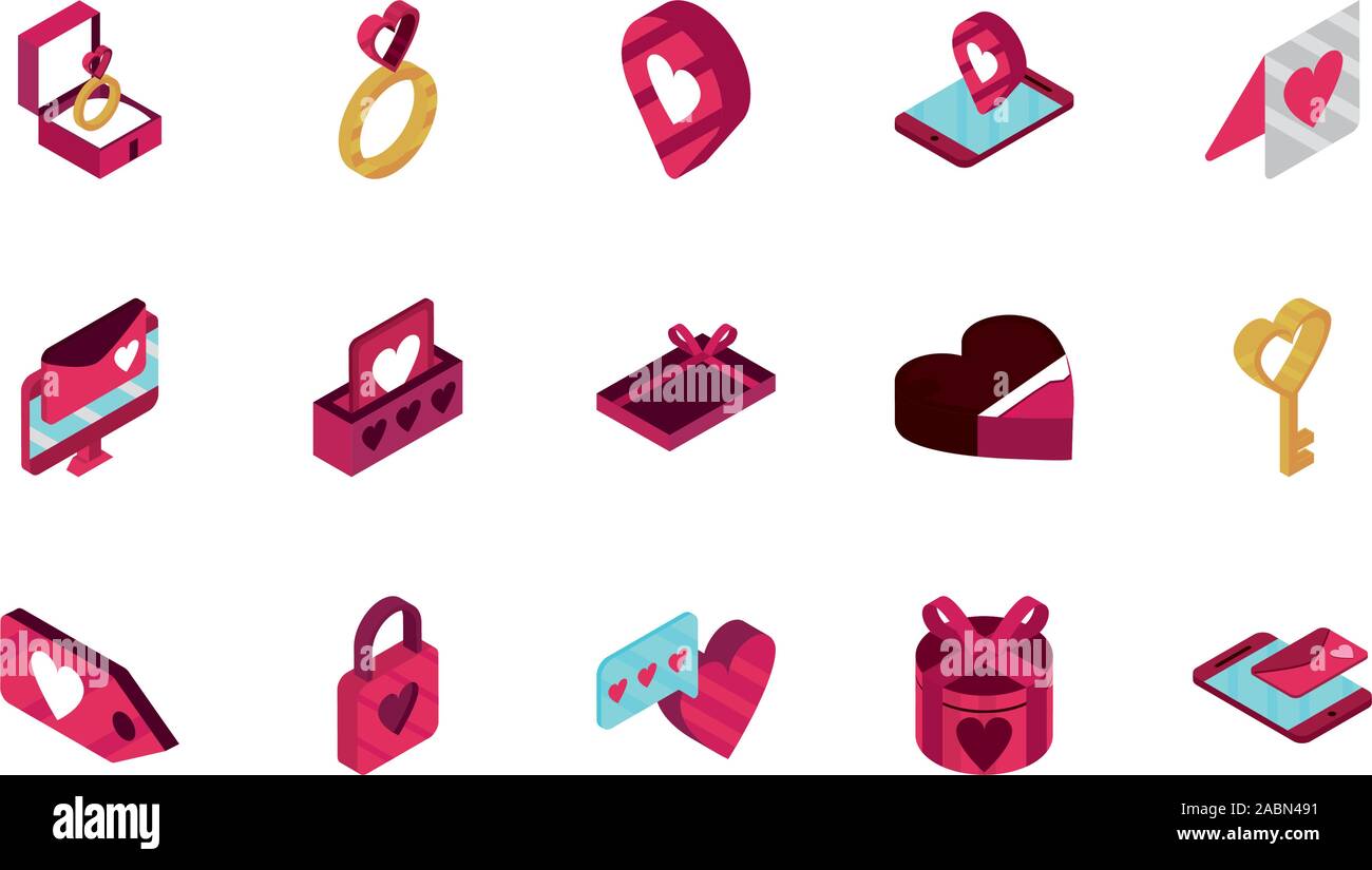 happy valentines day romantic isometric icons collection vector ...