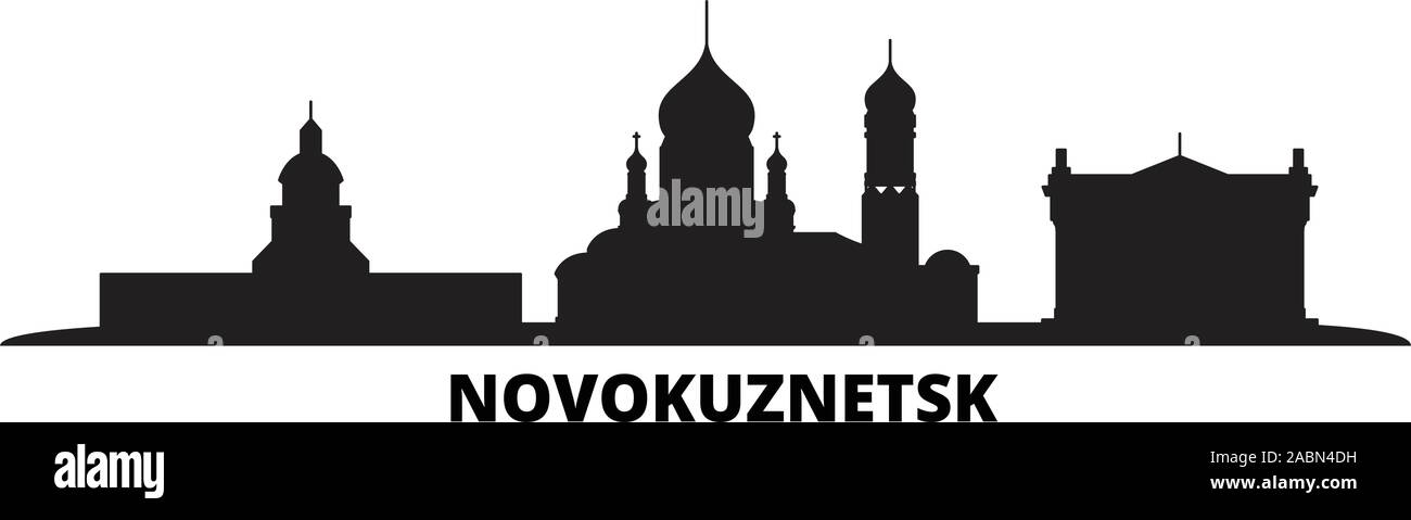 Russia, Novokuznetsk city skyline isolated vector illustration. Russia, Novokuznetsk travel black cityscape Stock Vector