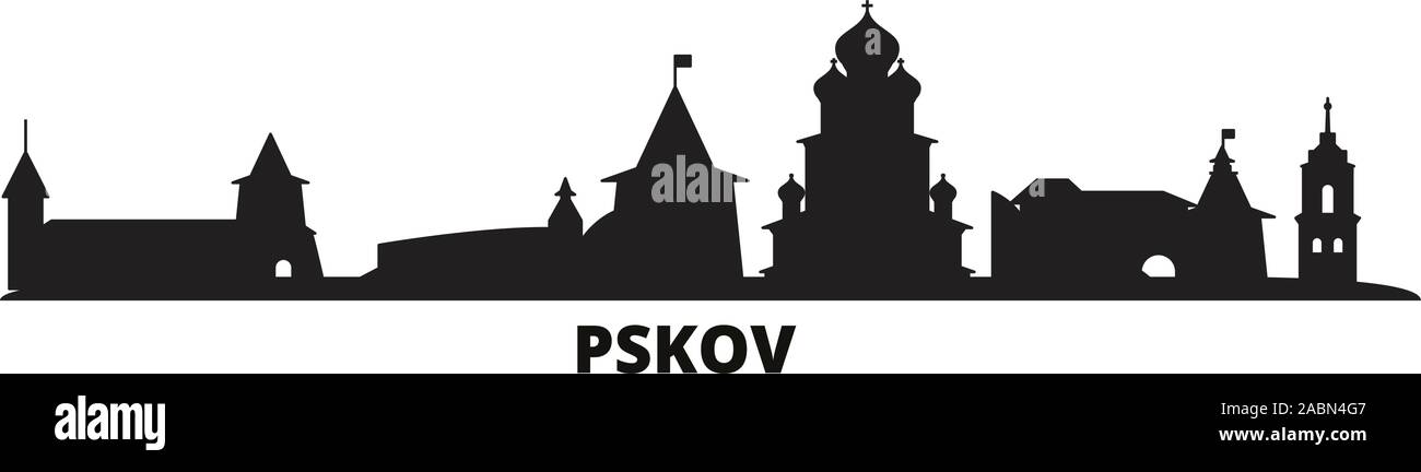 Russia, Pskov city skyline isolated vector illustration. Russia, Pskov travel black cityscape Stock Vector