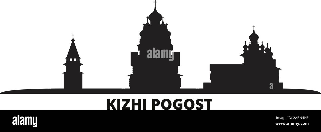 Russia, Kizhi Pogost city skyline isolated vector illustration. Russia, Kizhi Pogost travel black cityscape Stock Vector