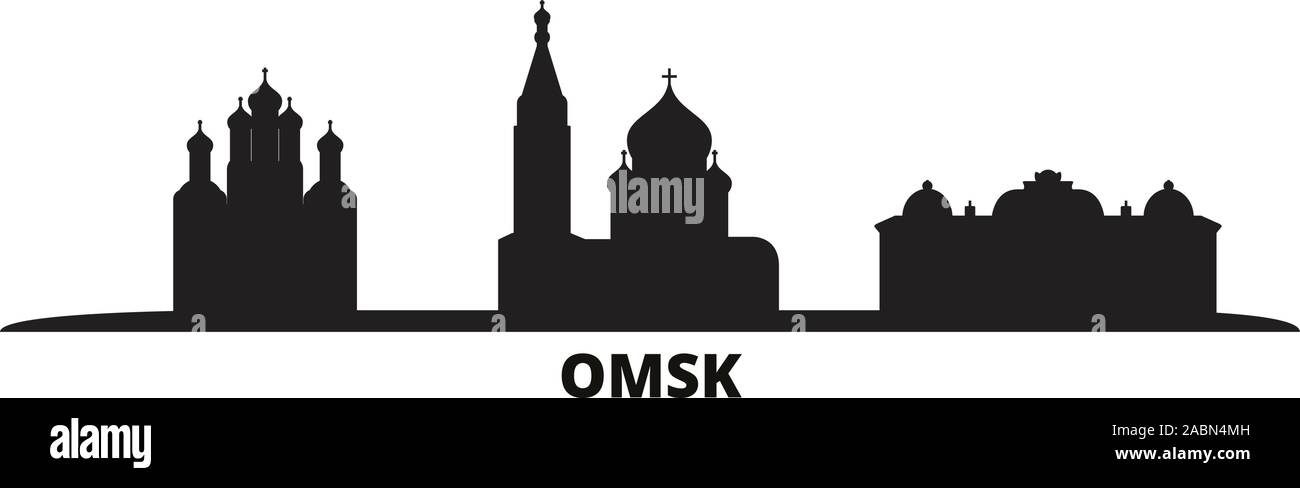 Russia, Omsk city skyline isolated vector illustration. Russia, Omsk travel black cityscape Stock Vector