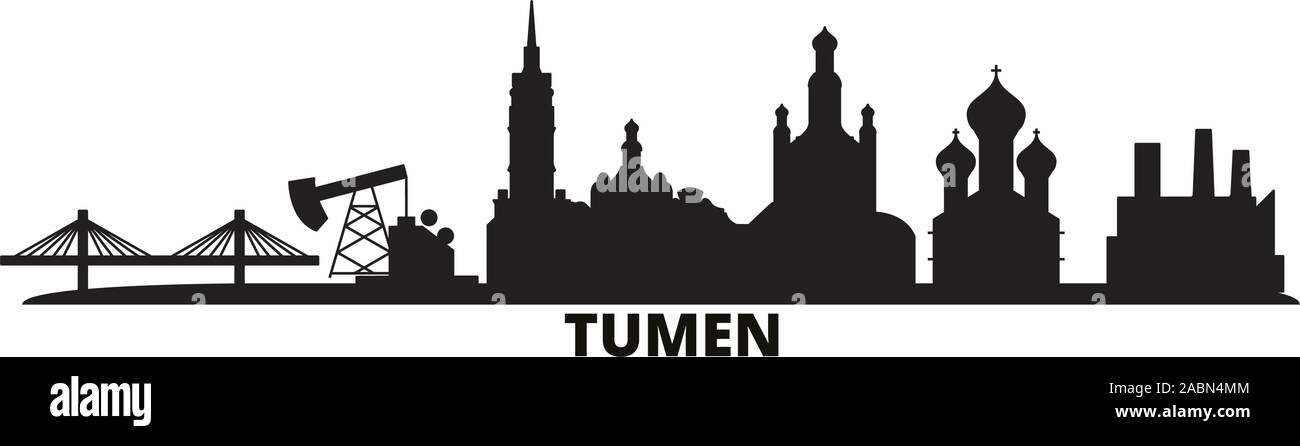 Russia, Tumen city skyline isolated vector illustration. Russia, Tumen travel black cityscape Stock Vector