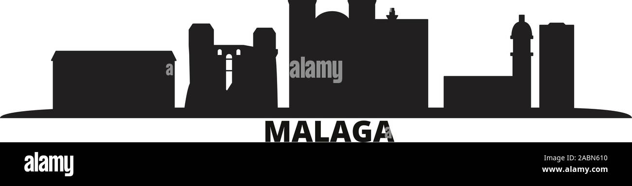 Spain, Malaga city skyline isolated vector illustration. Spain, Malaga travel black cityscape Stock Vector