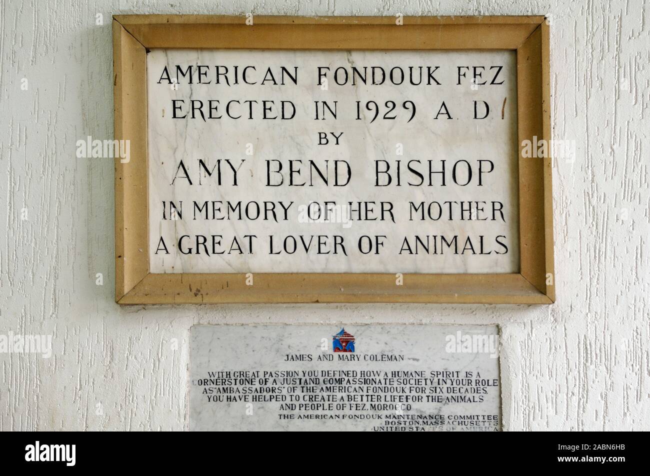 Sign at Entrance to American Fondouk Veterinary Clinic or Animal Hospital founded by Amy Bend Bishop in 1929 Fez or Fez Morocco Stock Photo