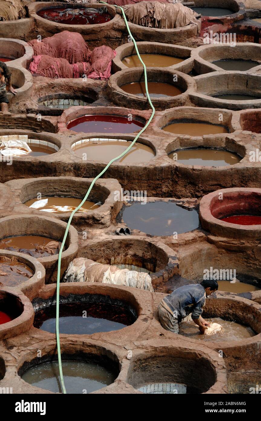 View over the Dying Pits of the Chouara Tannery or Tanneries in the Fes el Bali District Fez or Fes Morocco Stock Photo