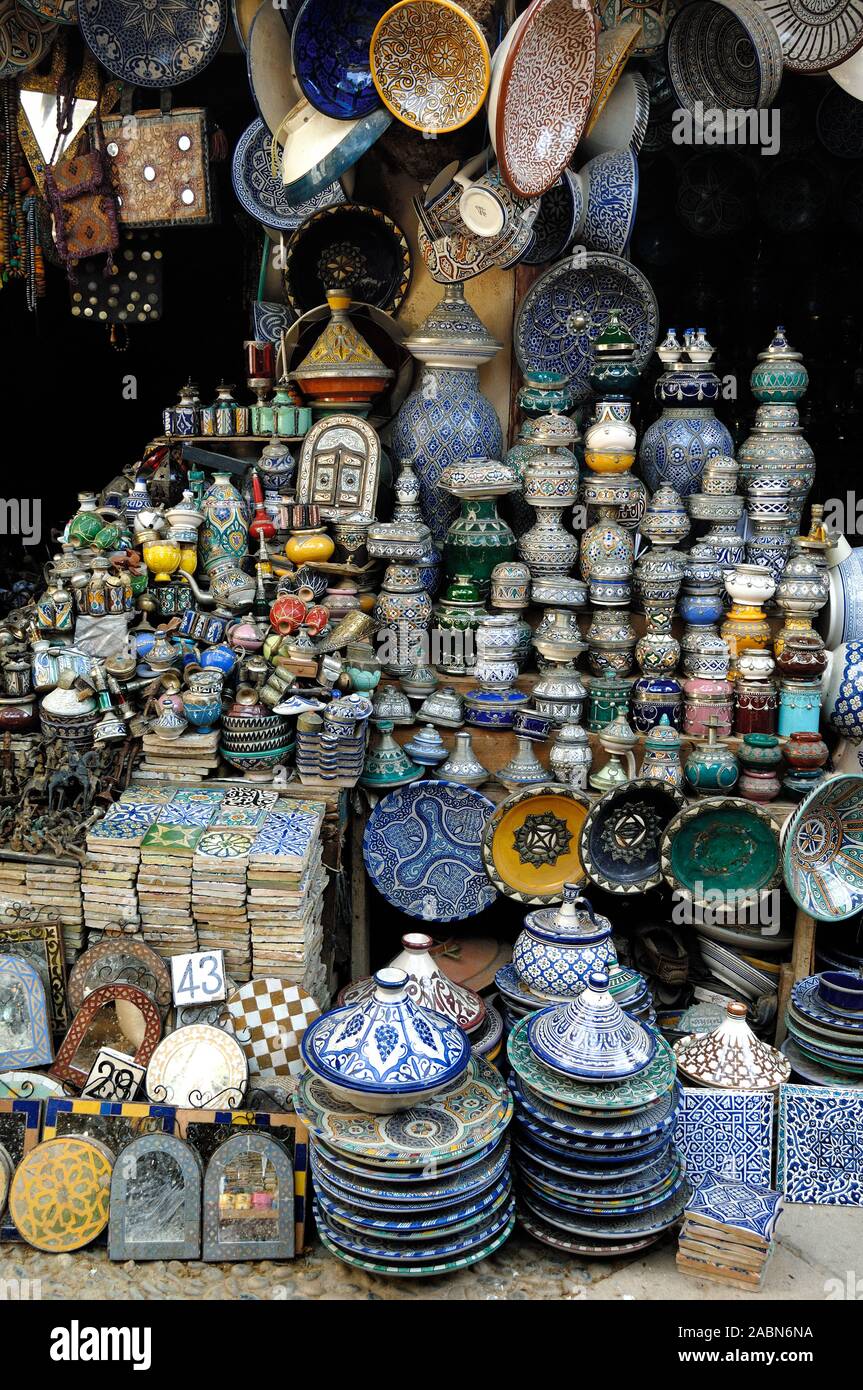 Moroccan Ceramics & Pottery for Sale on Market Stall in the Henna Souk Fez or Fes Morocco Stock Photo
