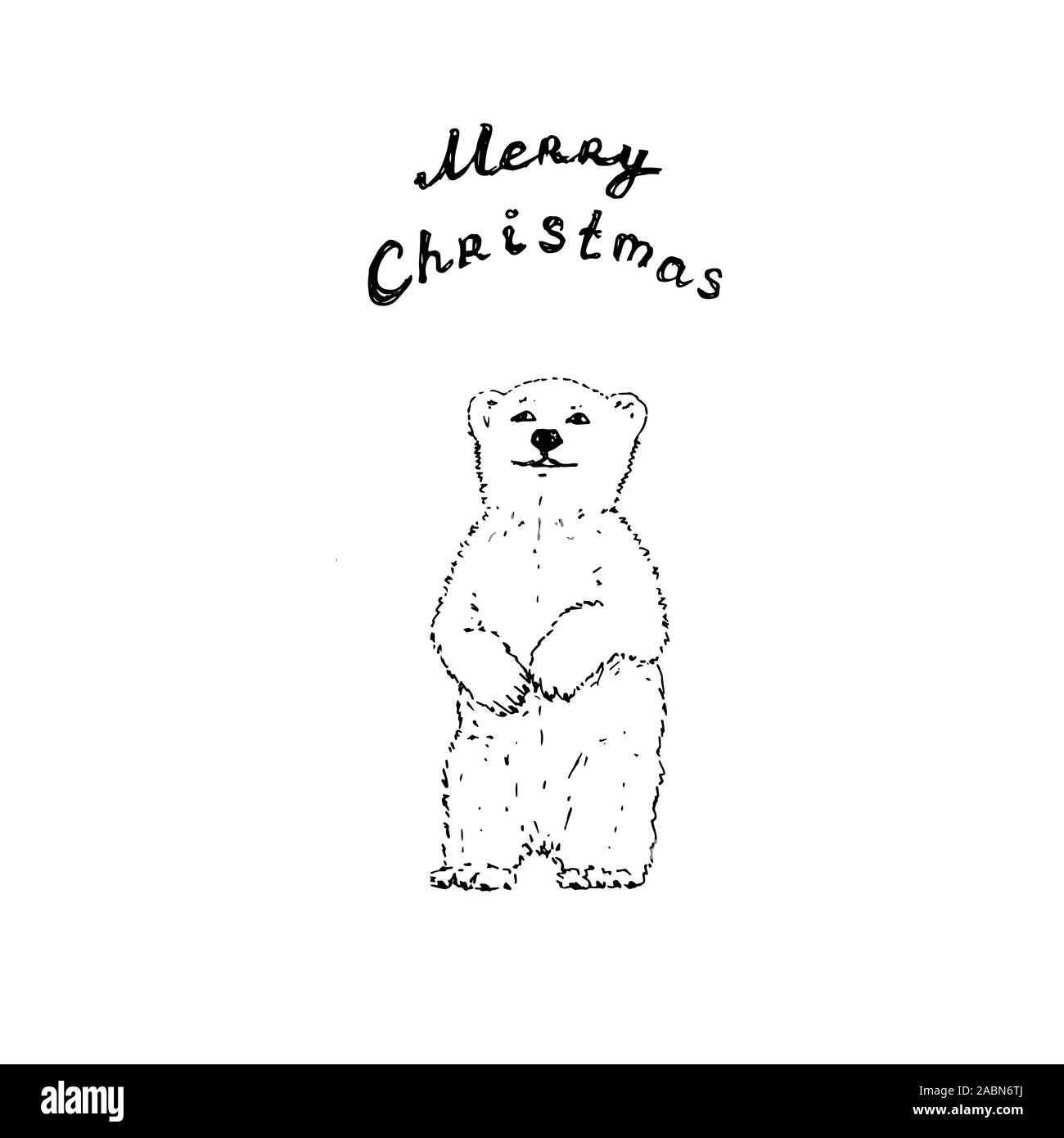 Polar bear with Merry Christmas letters. Black outline on white background. Picture can be used in greeting cards, posters, flyers, banners, logo, further design etc. Vector illustration. EPS10 Stock Vector