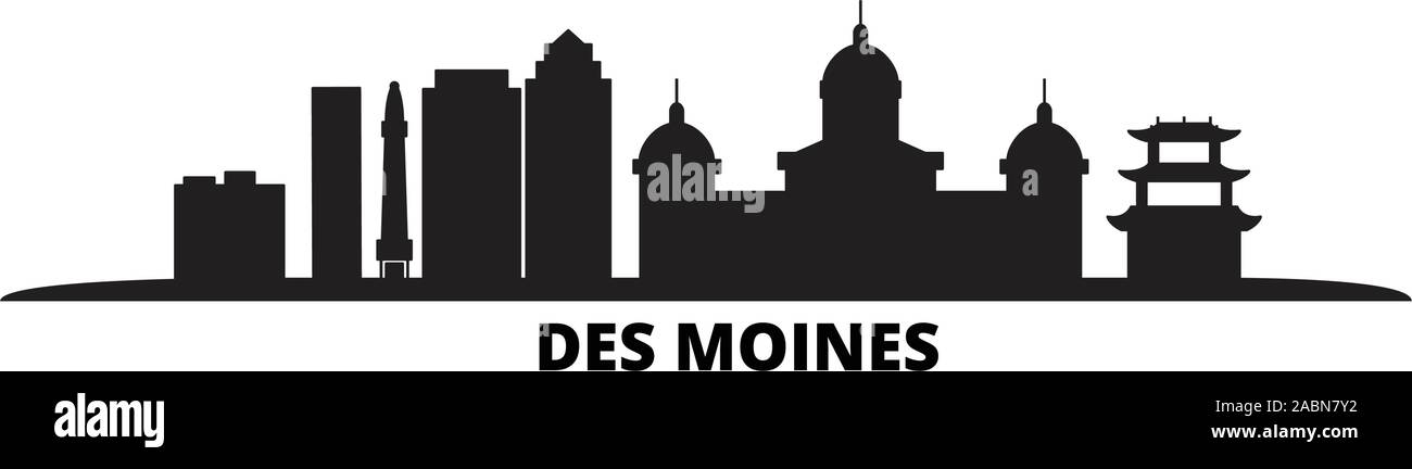 United States, Des Moines city skyline isolated vector illustration. United States, Des Moines travel black cityscape Stock Vector