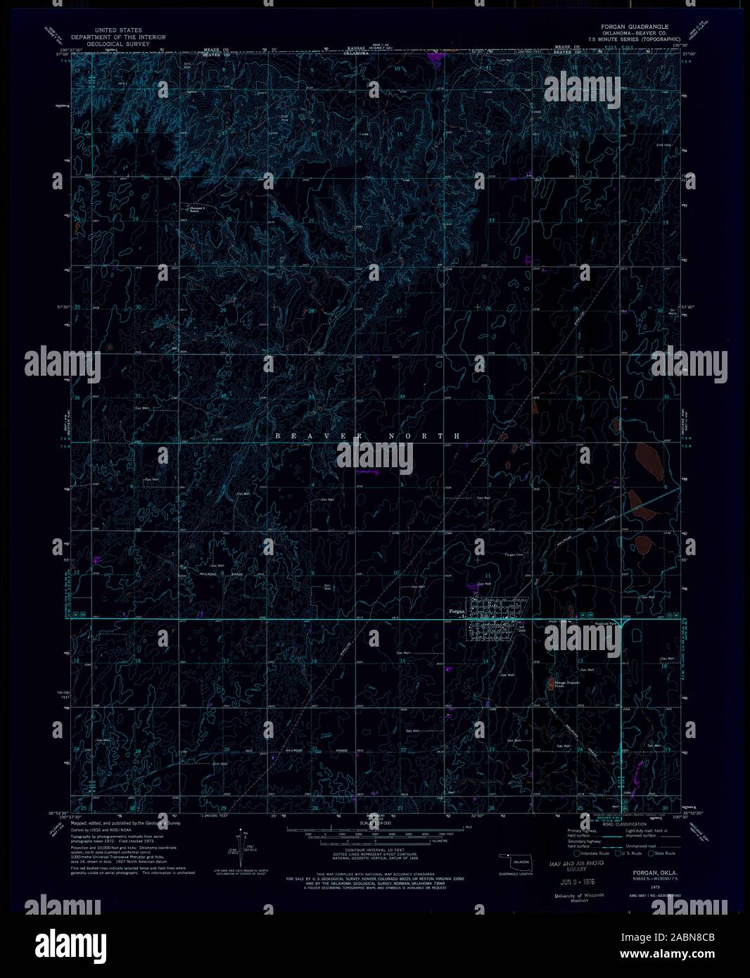 USGS TOPO Map Oklahoma OK Forgan 705870 1973 24000 Inverted Restoration Stock Photo