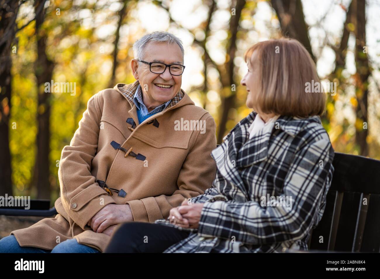Senior couple is sitting on bench in park and enjoying autumn Stock ...