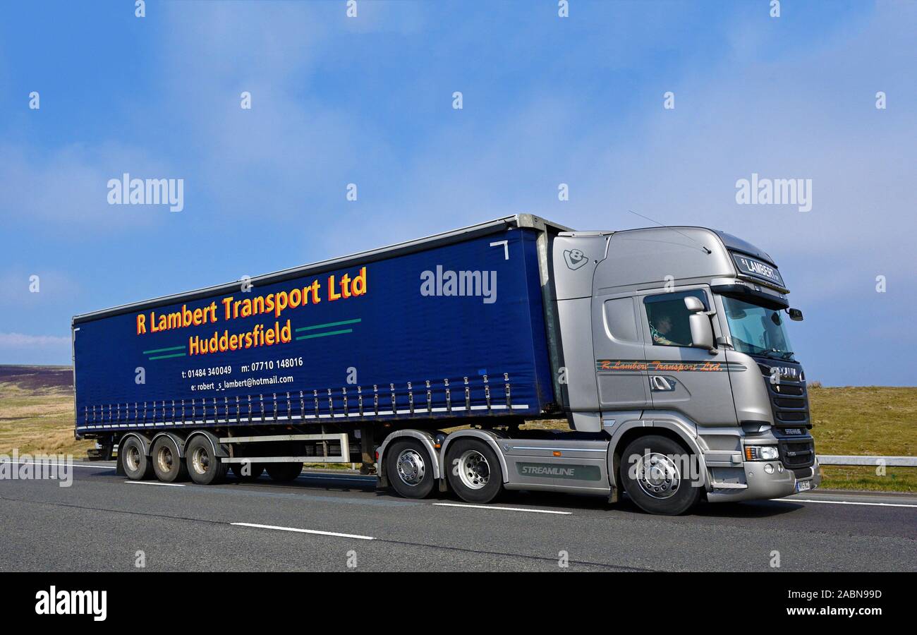 R.Lambert Transport Limited HGV. M6 Motorway, Southbound, Shap, Cumbria, England, United Kingdom, Europe. Stock Photo