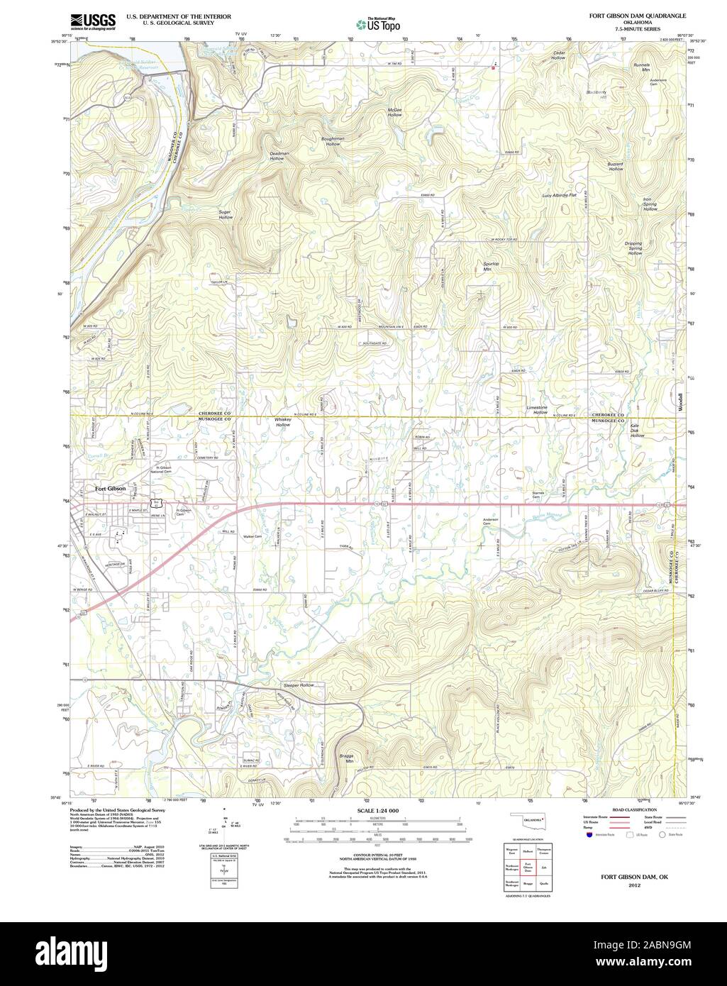 USGS TOPO Map Oklahoma OK Fort Gibson Dam 20121127 TM Restoration Stock Photo
