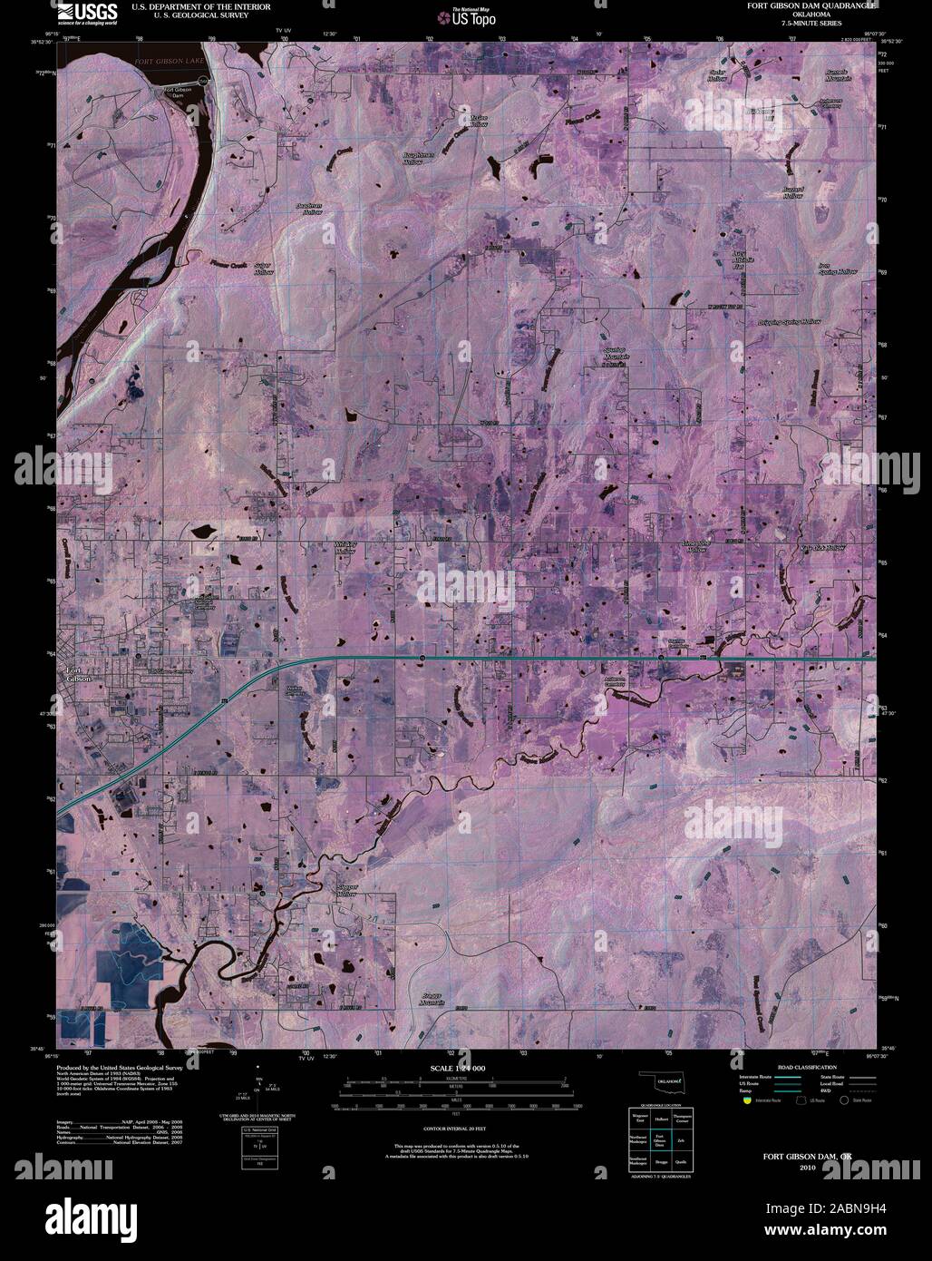 USGS TOPO Map Oklahoma OK Fort Gibson Dam 20100129 TM Inverted Restoration Stock Photo