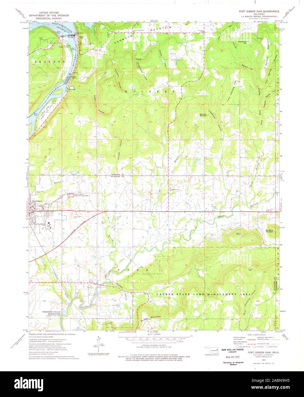 USGS TOPO Map Oklahoma OK Fort Gibson Dam 705876 1974 24000 Restoration Stock Photo