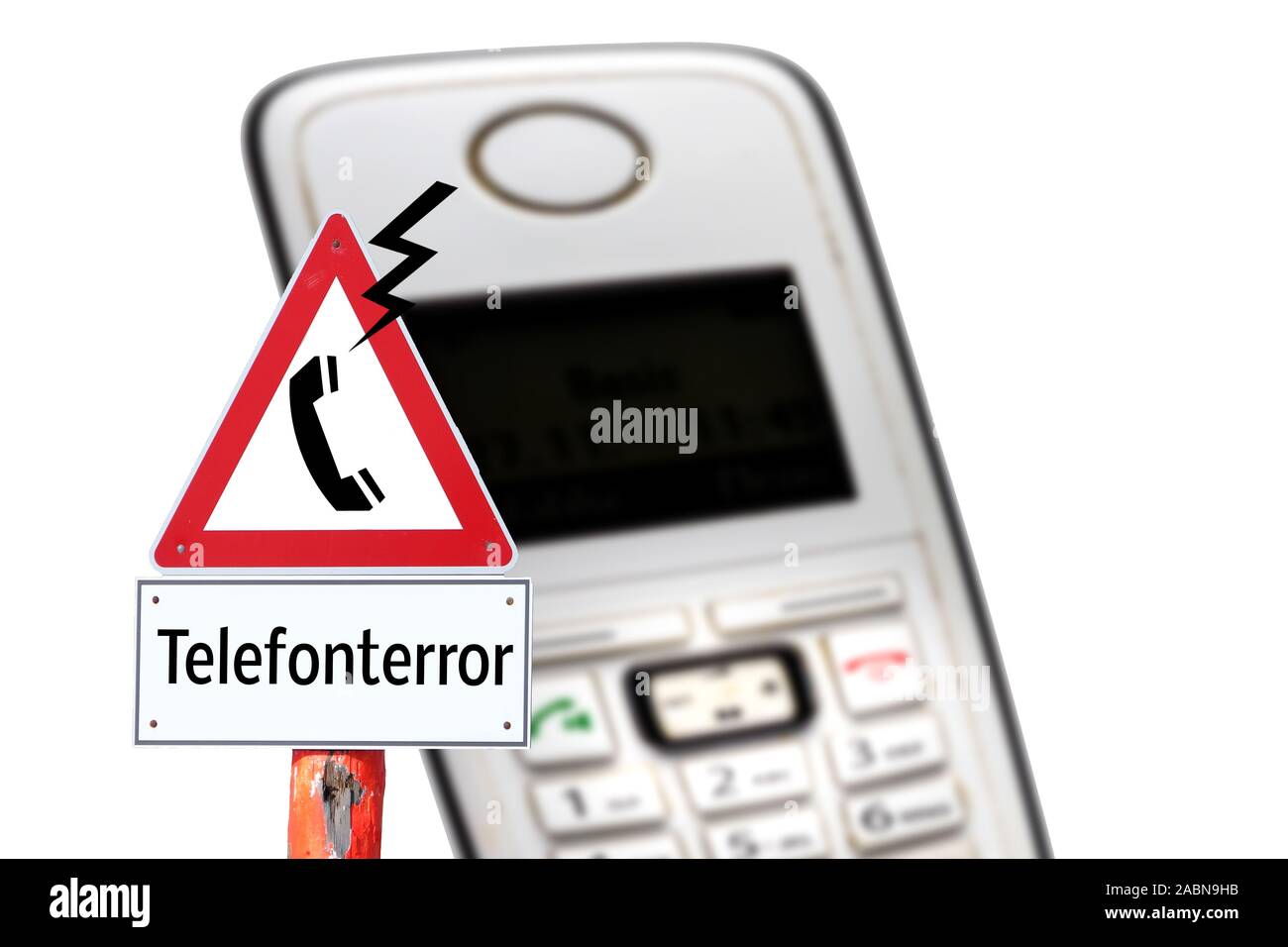 Warning sign phone terror stalking on the phone in german Stock Photo
