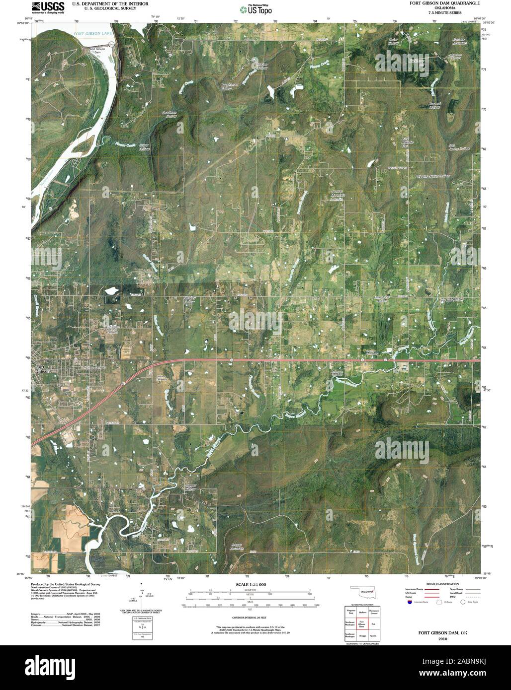 USGS TOPO Map Oklahoma OK Fort Gibson Dam 20100129 TM Restoration Stock Photo