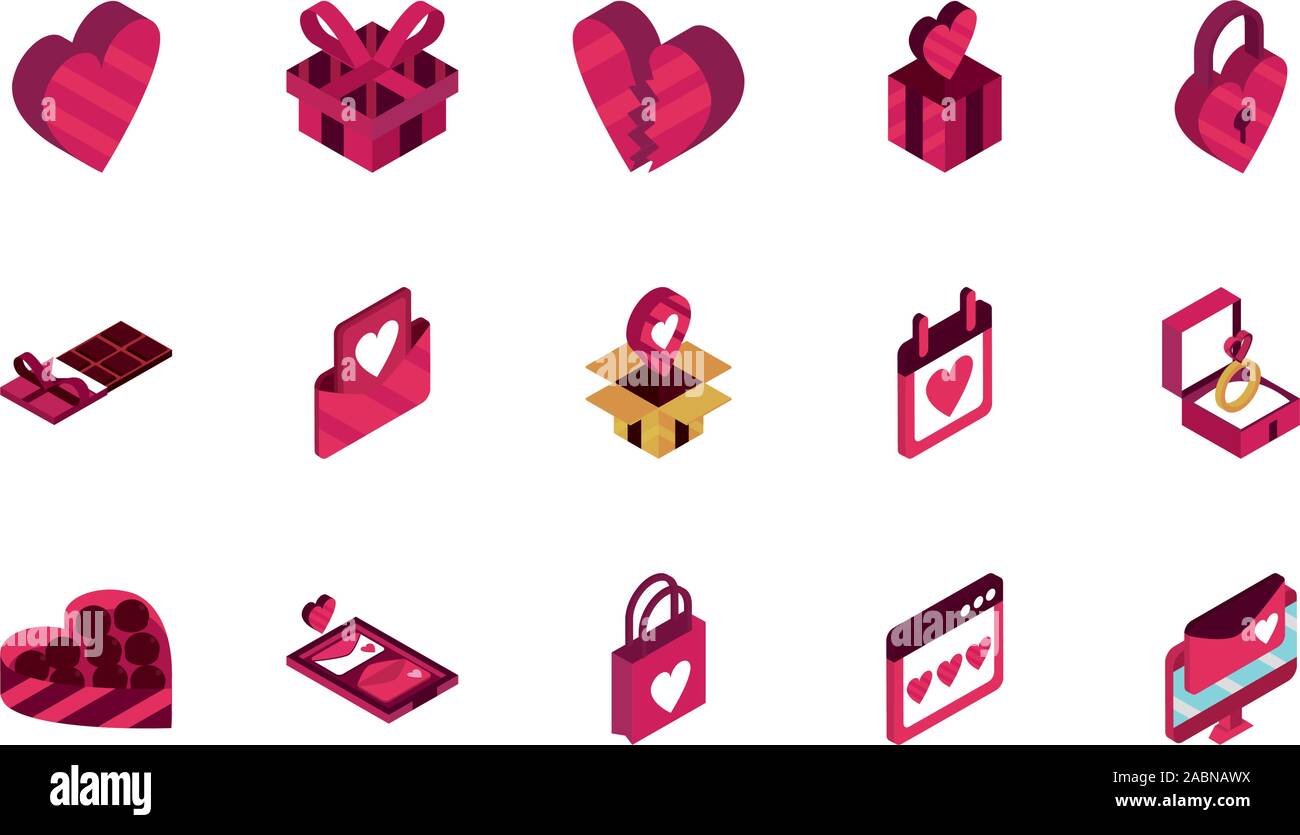 happy valentines day romantic isometric icons collection vector ...