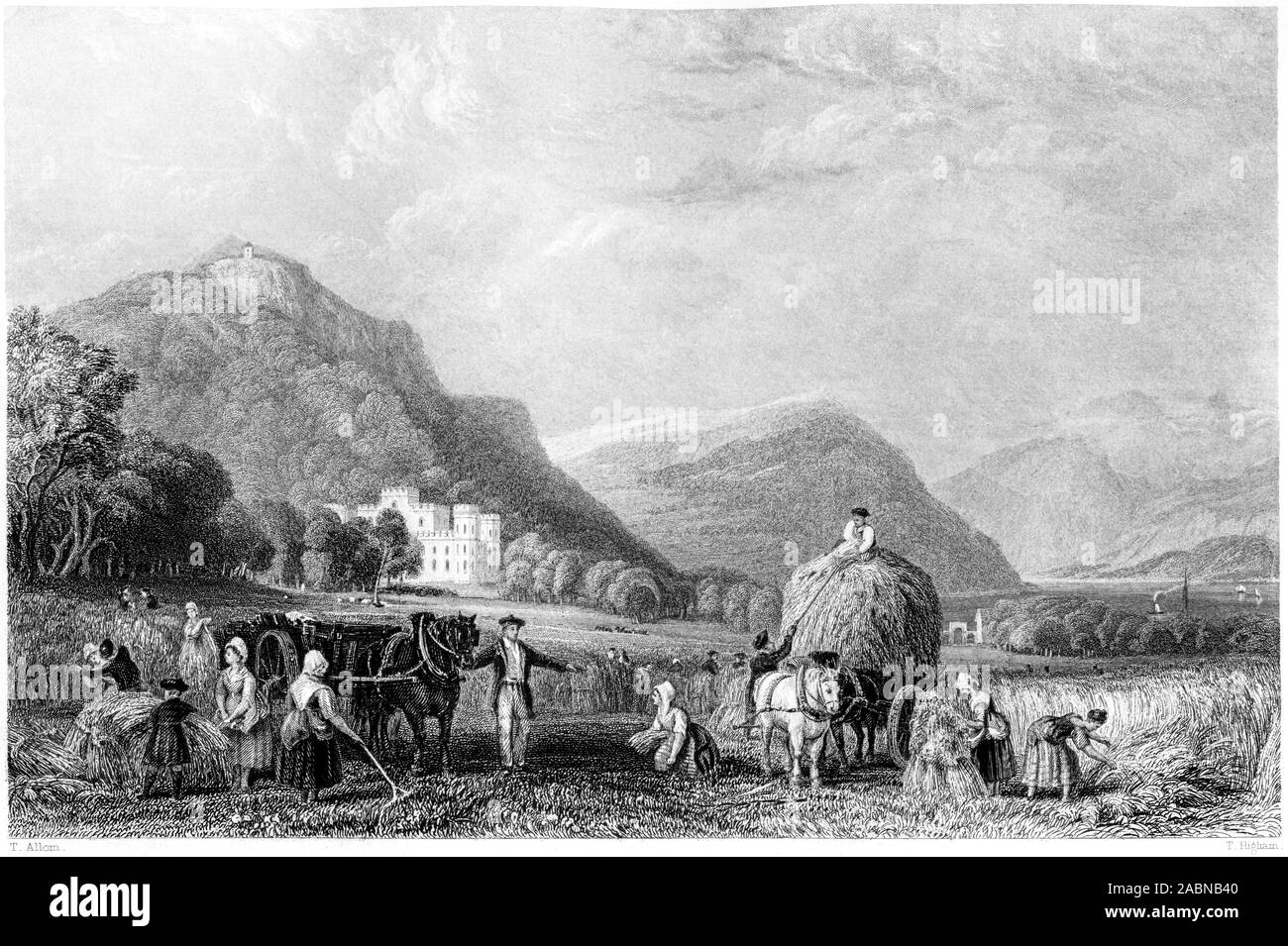An engraving of Inverary (Inveraray) Castle scanned at high resolution from a book printed in 1859. Oat Harvest ?  Believed copyright free. Stock Photo