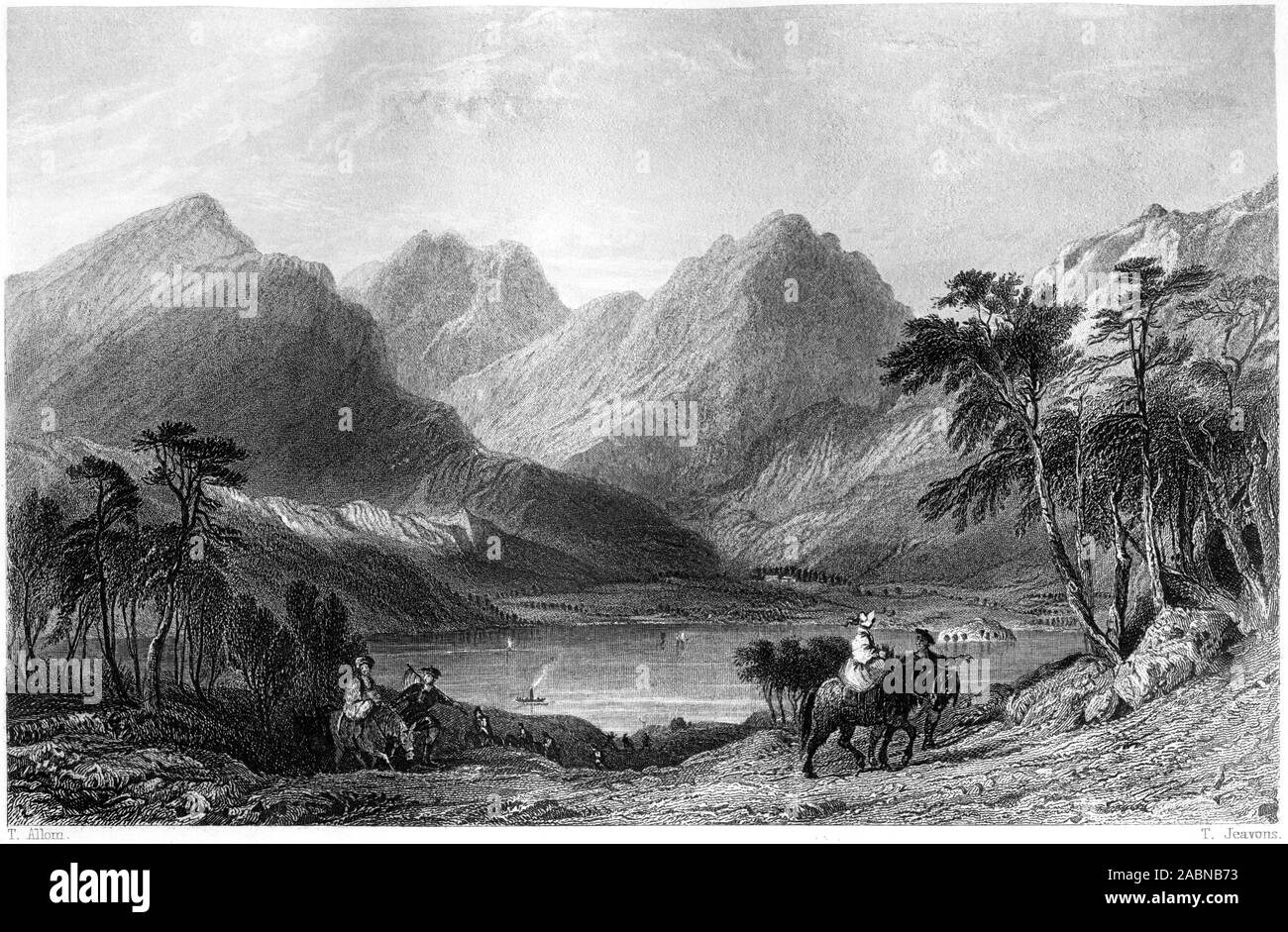 An engraving of Loch Lomond from the Road above Inversnaid Mill scanned at high resolution from a book printed in 1859.  Believed copyright free. Stock Photo