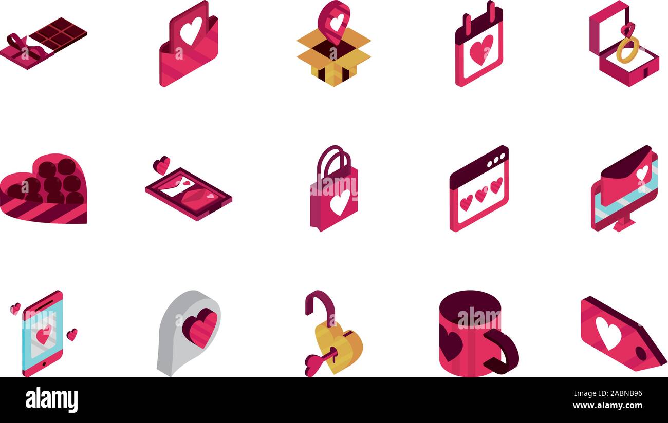 happy valentines day romantic isometric icons collection vector ...