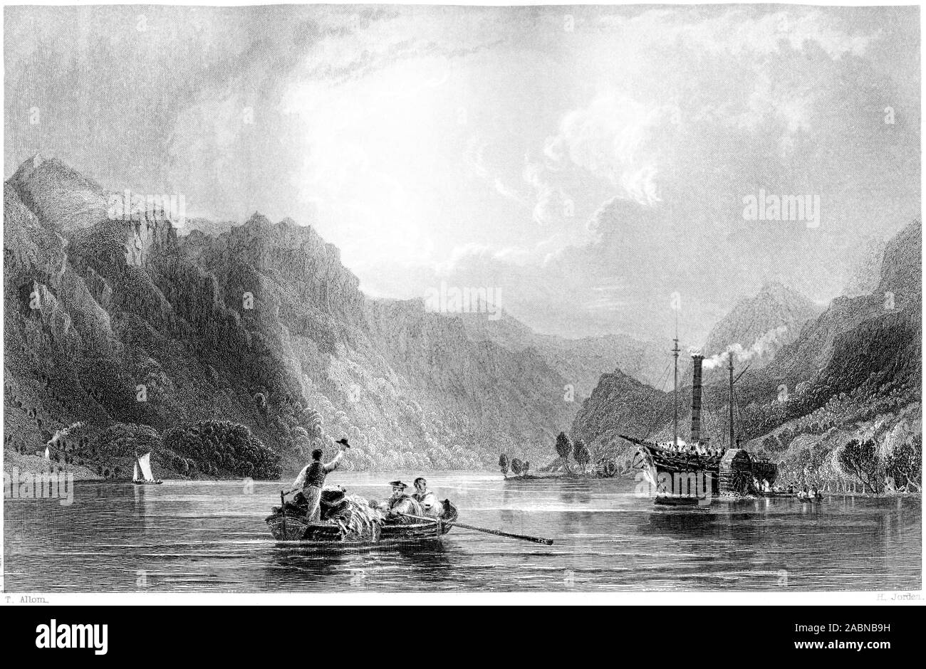 An engraving of The Head of Loch Lomond, looking South scanned at high resolution from a book printed in 1859.  Believed copyright free. Stock Photo