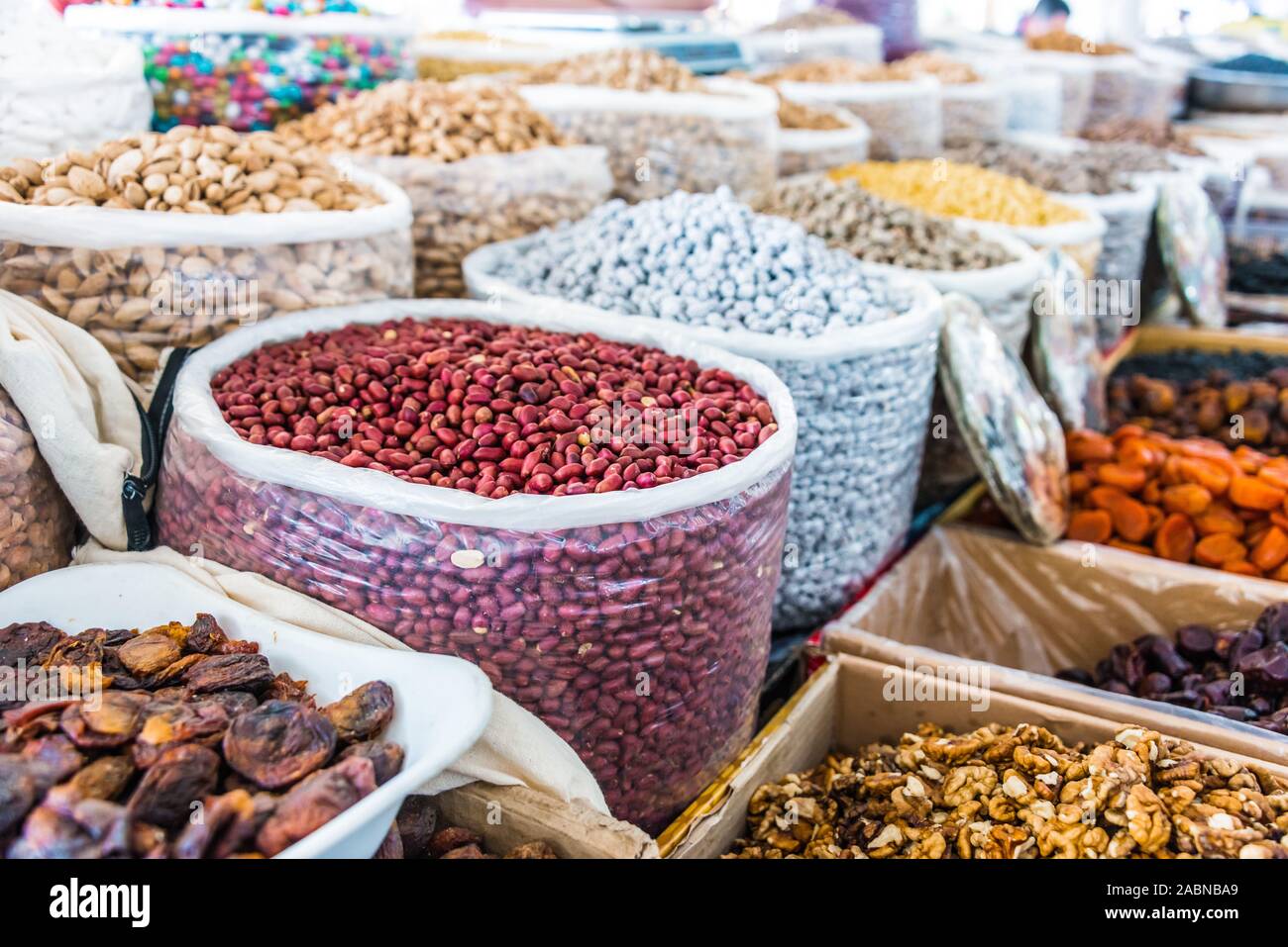 Dried food products sold at the Siab Bazaar  in Samarkand, Uzbekistan Stock Photo