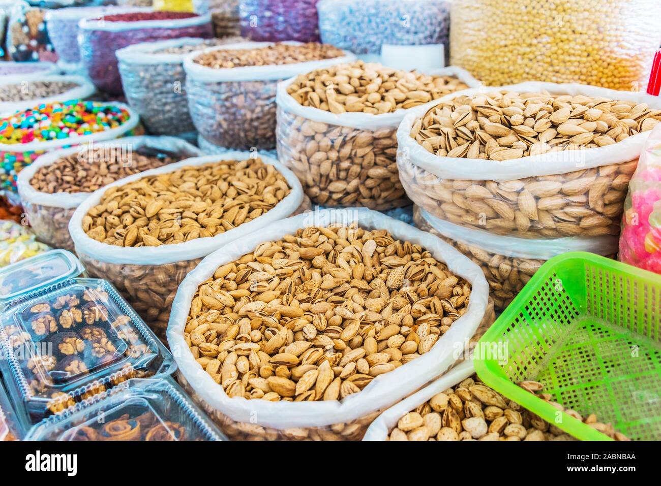 Dried food products sold at the Siab Bazaar  in Samarkand, Uzbekistan Stock Photo