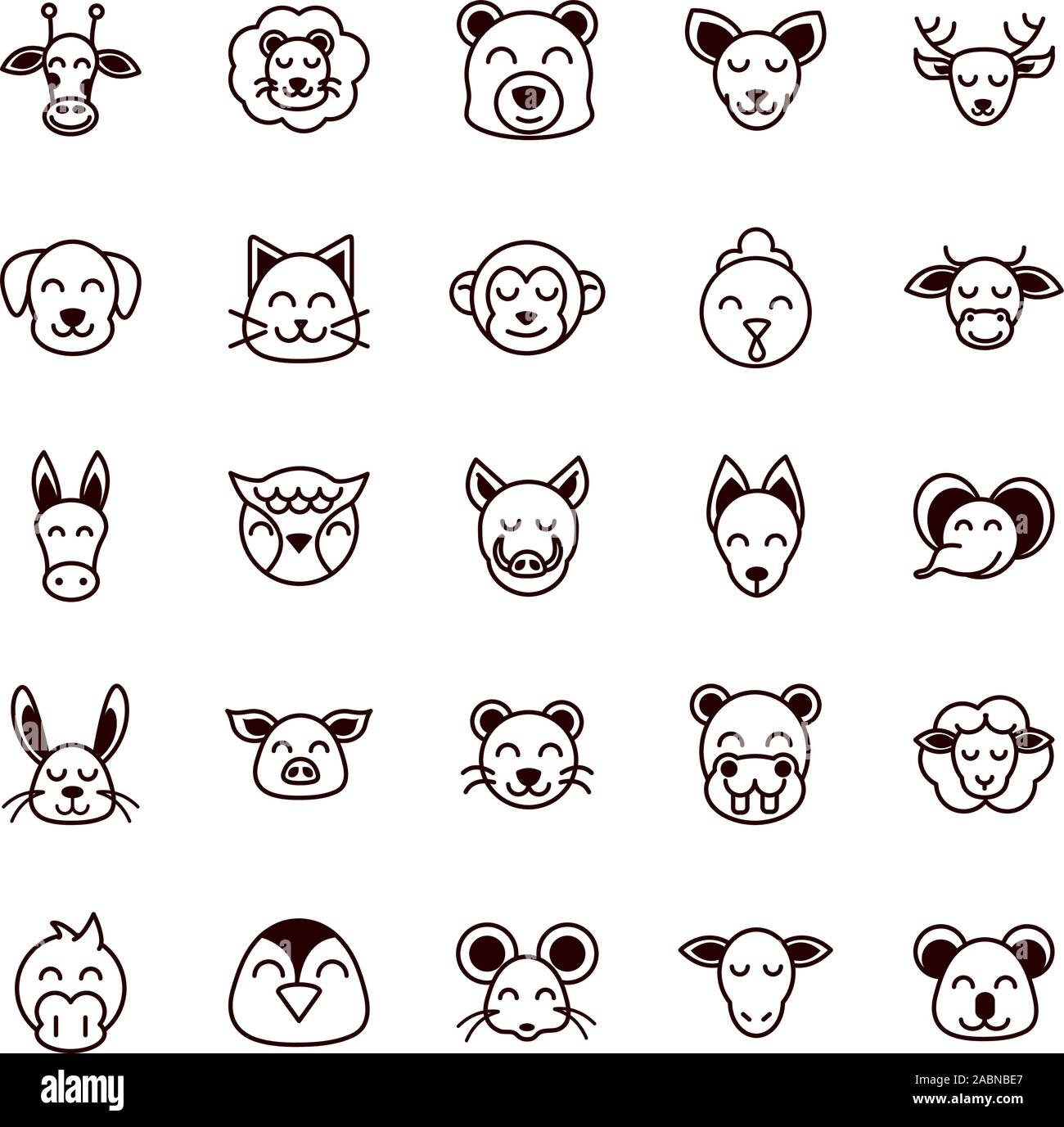 cute face animals cartoon icon on white background thick line Stock ...