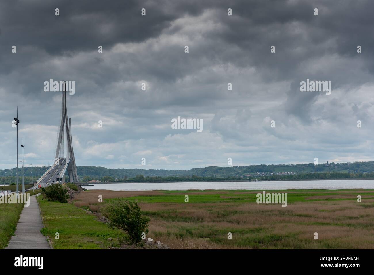 Normandy Bridge over river Seine near Le Havre city, France Stock Photo