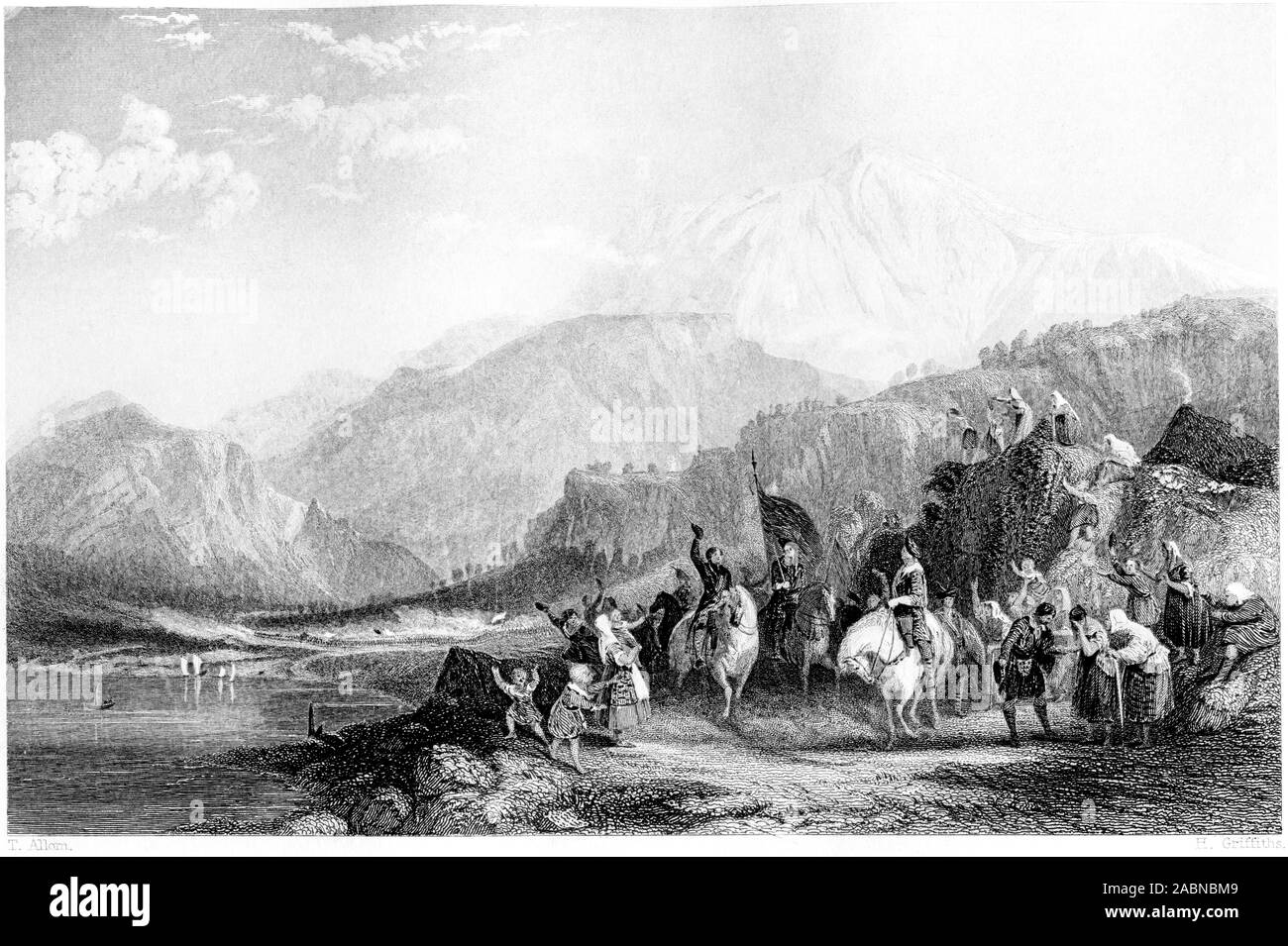An engraving of Passage of the Highland Army along the Side of Loch Eil 1745 scanned at high resolution from a book printed in 1859. Stock Photo